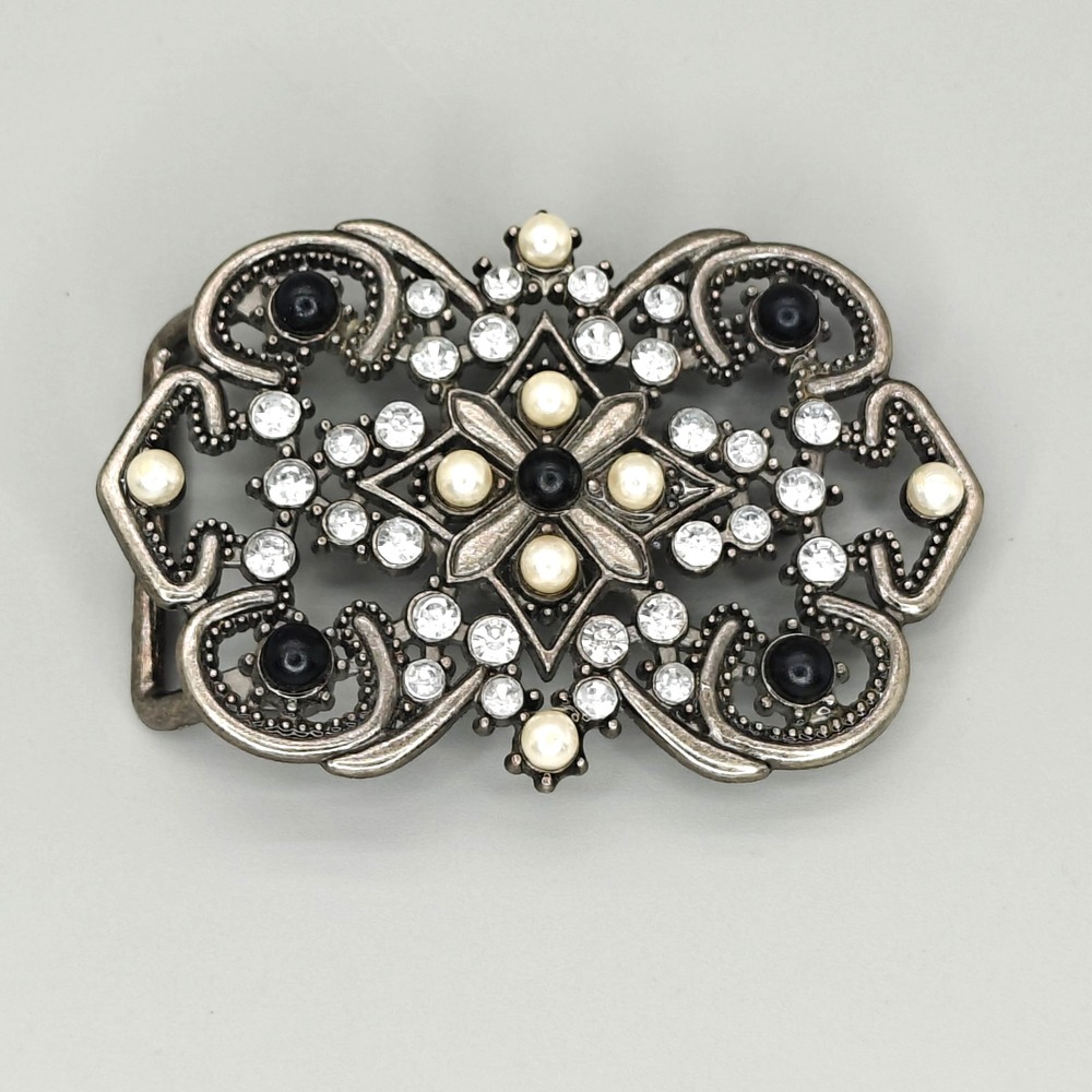 Vintage Filigree Belt Buckle — Rhinestones & Faux Pearls — Silver Tone 3.75"